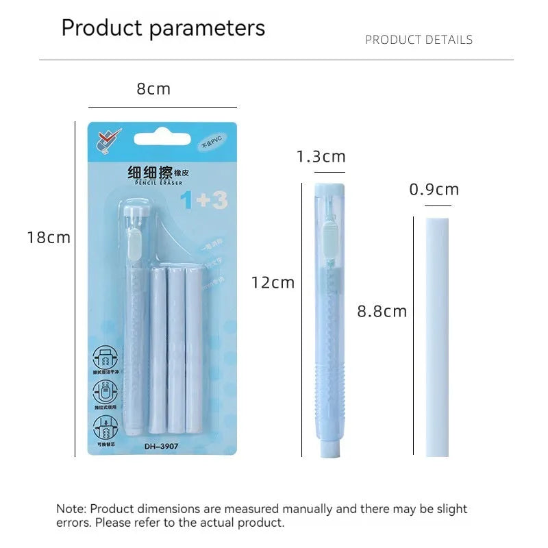Push-type automatic eraser in four colours: blue, green, pink, purple on white background.