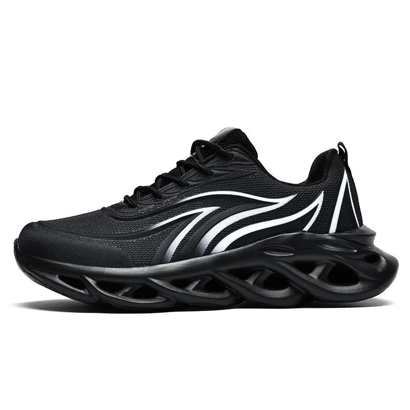 Men's Korean style mesh casual running shoes with carved wing pattern, round toe, foam sole, black and white colour