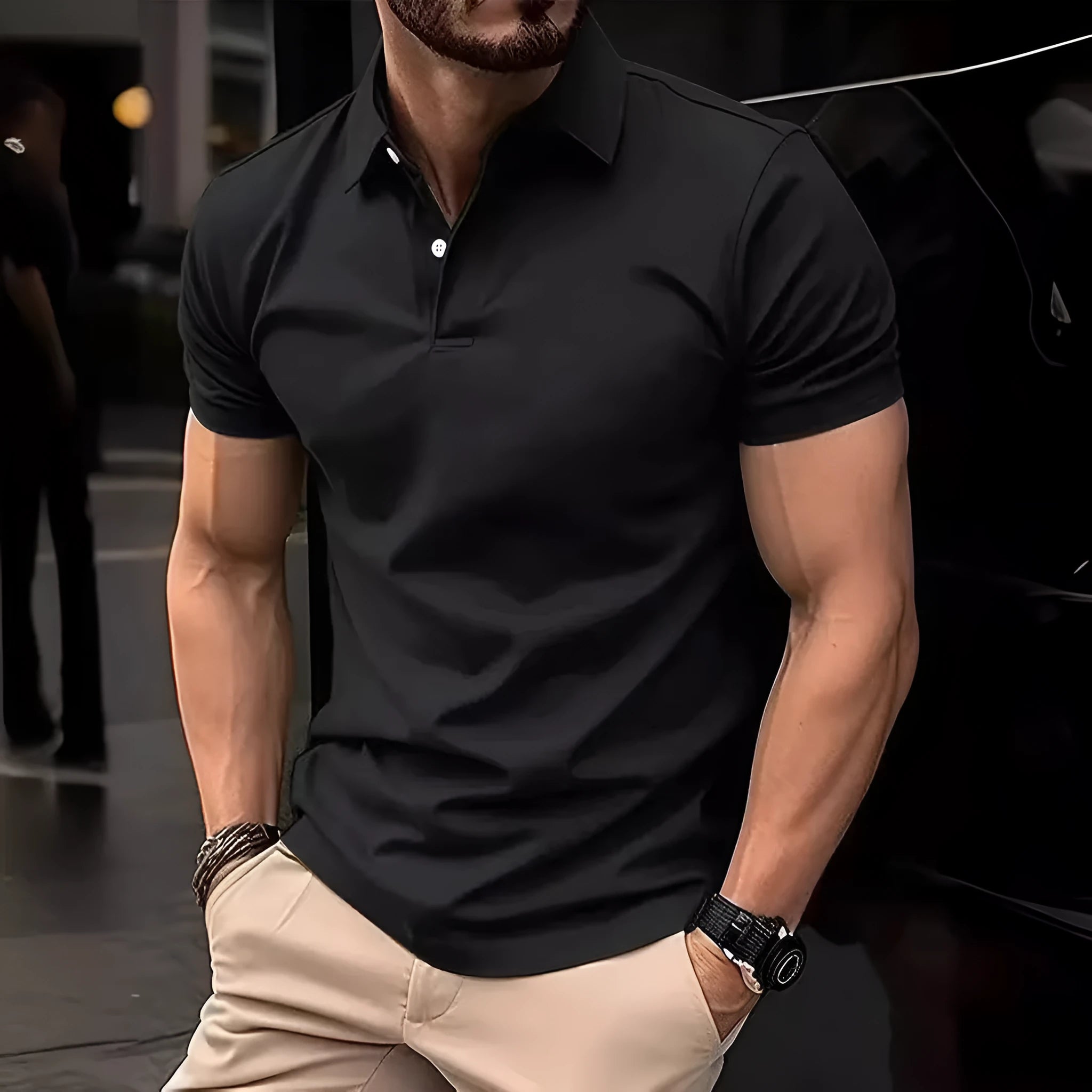 Men's slim-fit cotton-blend short-sleeve button-up shirt in solid colours on a size chart background.