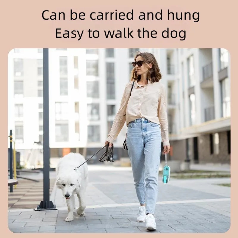 Blue portable dog water bottle with foldable silicone drinking bowl attached, showing integrated carry handle