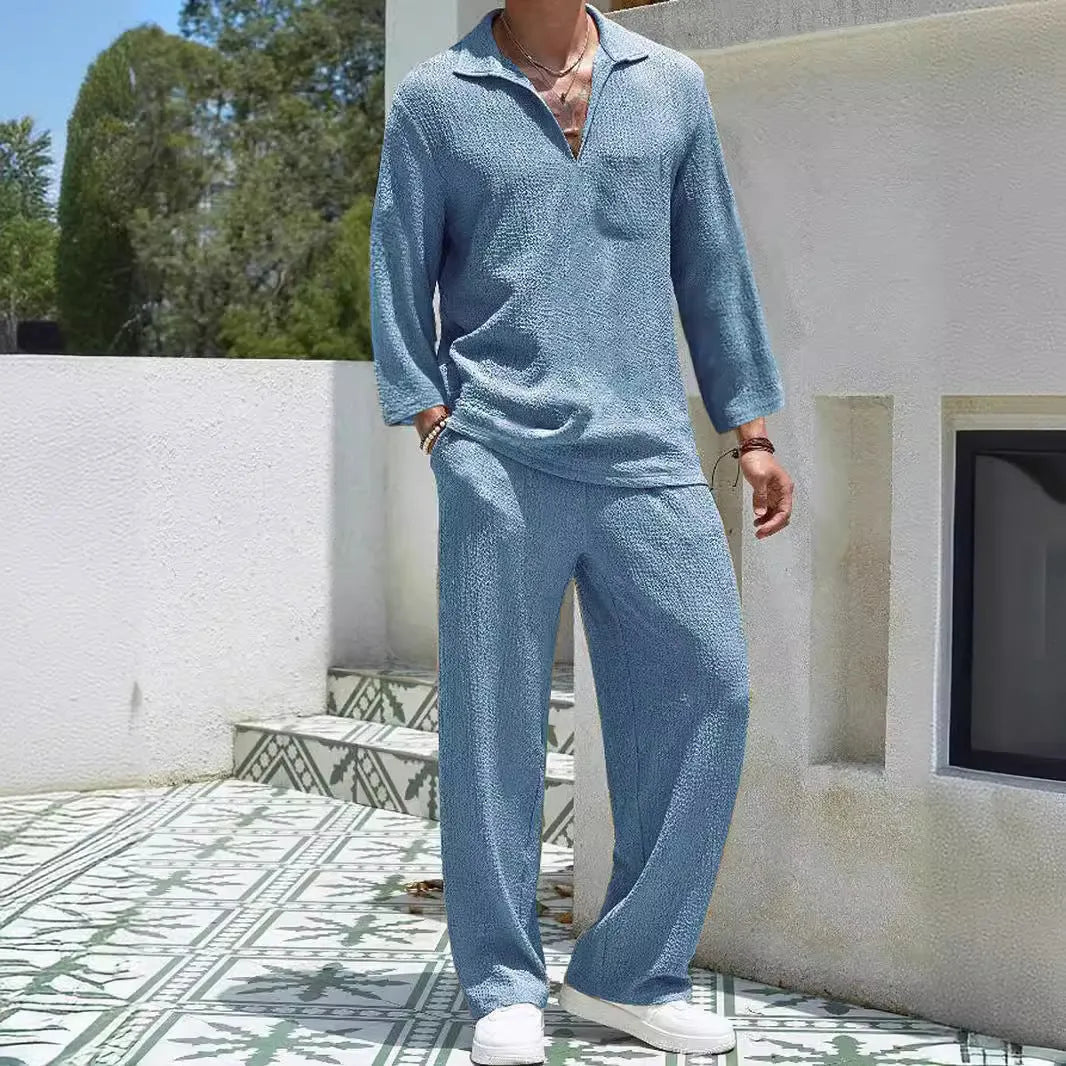 Men's casual shirt and trousers commuter suit set in polyester, shown in lake blue colour