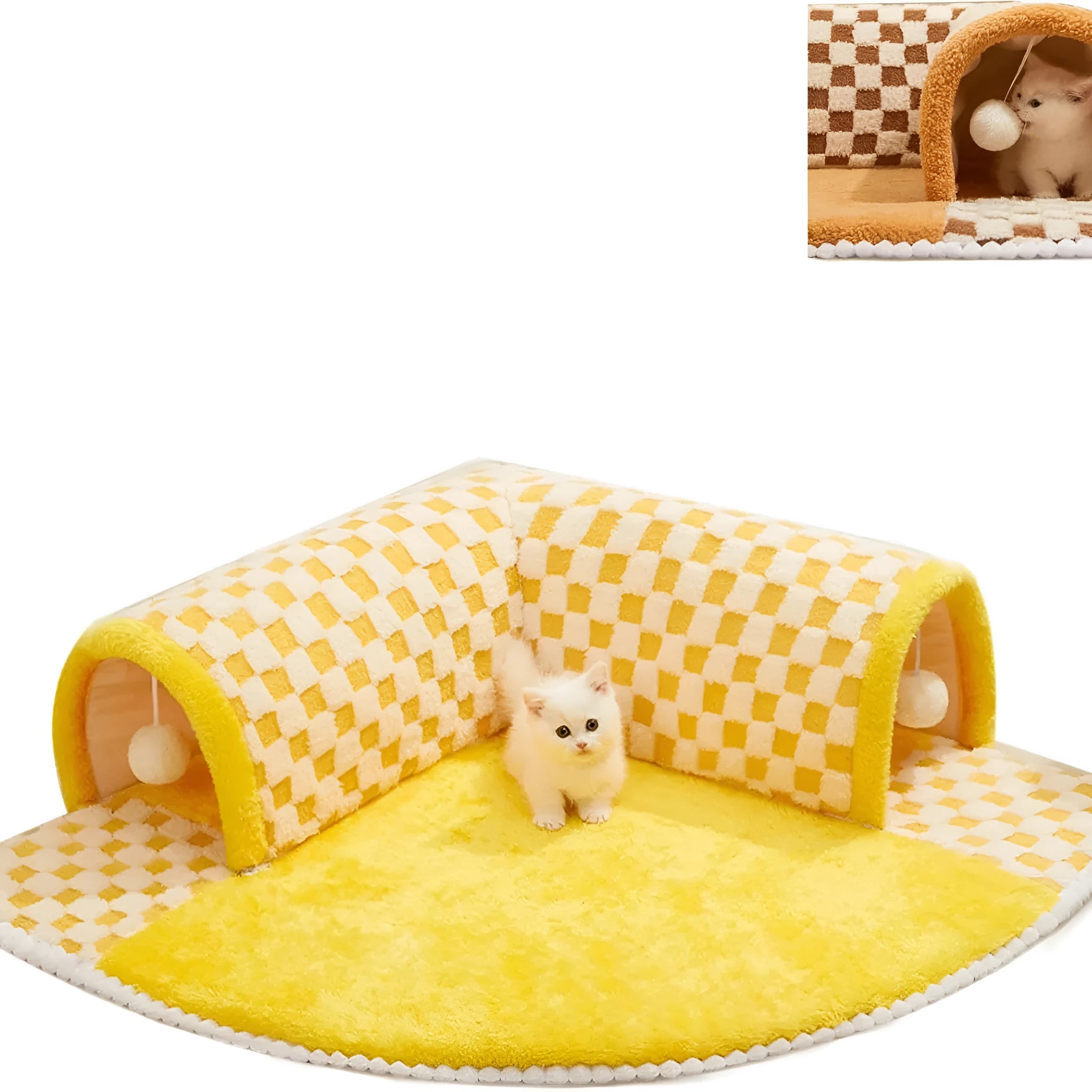 XL soft brown plaid cat tunnel bed with central mat and non-slip bottom on a wooden floor.