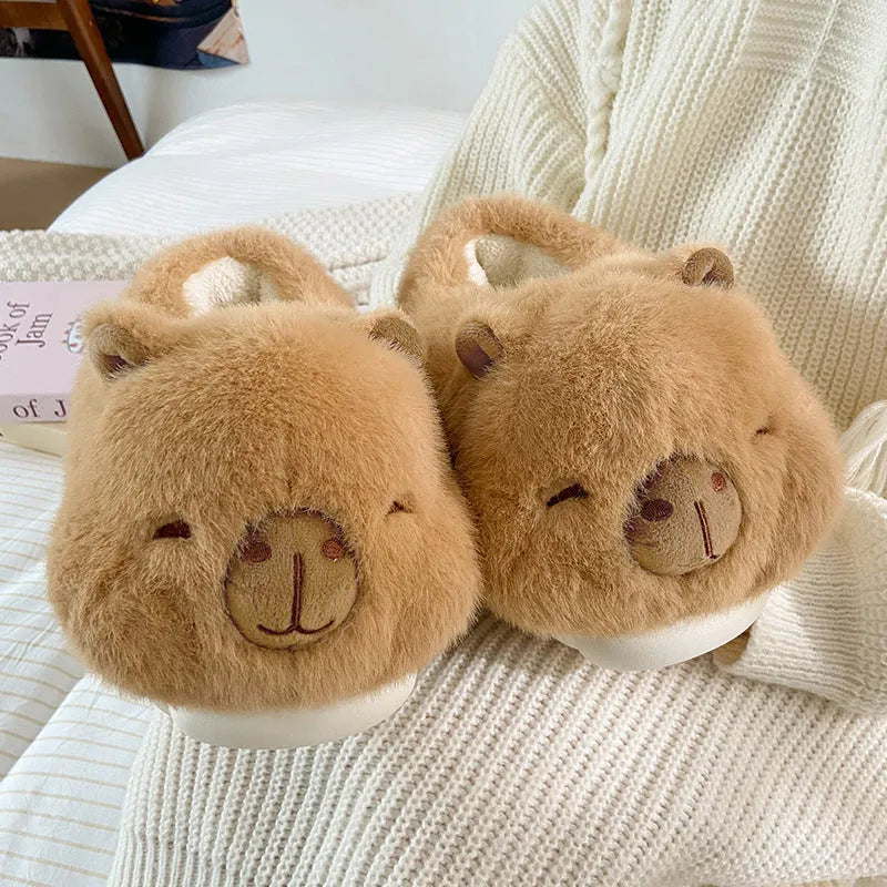 Light brown women's winter slippers with cartoon pattern, plush cotton upper and round toe design