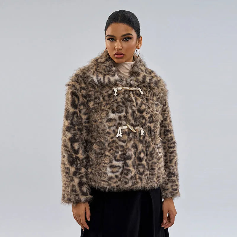 Women's leopard print street fashion coat with a buckled lapel