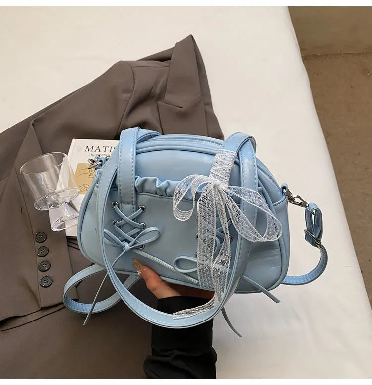 Milky white PU leather ladies shoulder bag with bandage bow and crossbody strap