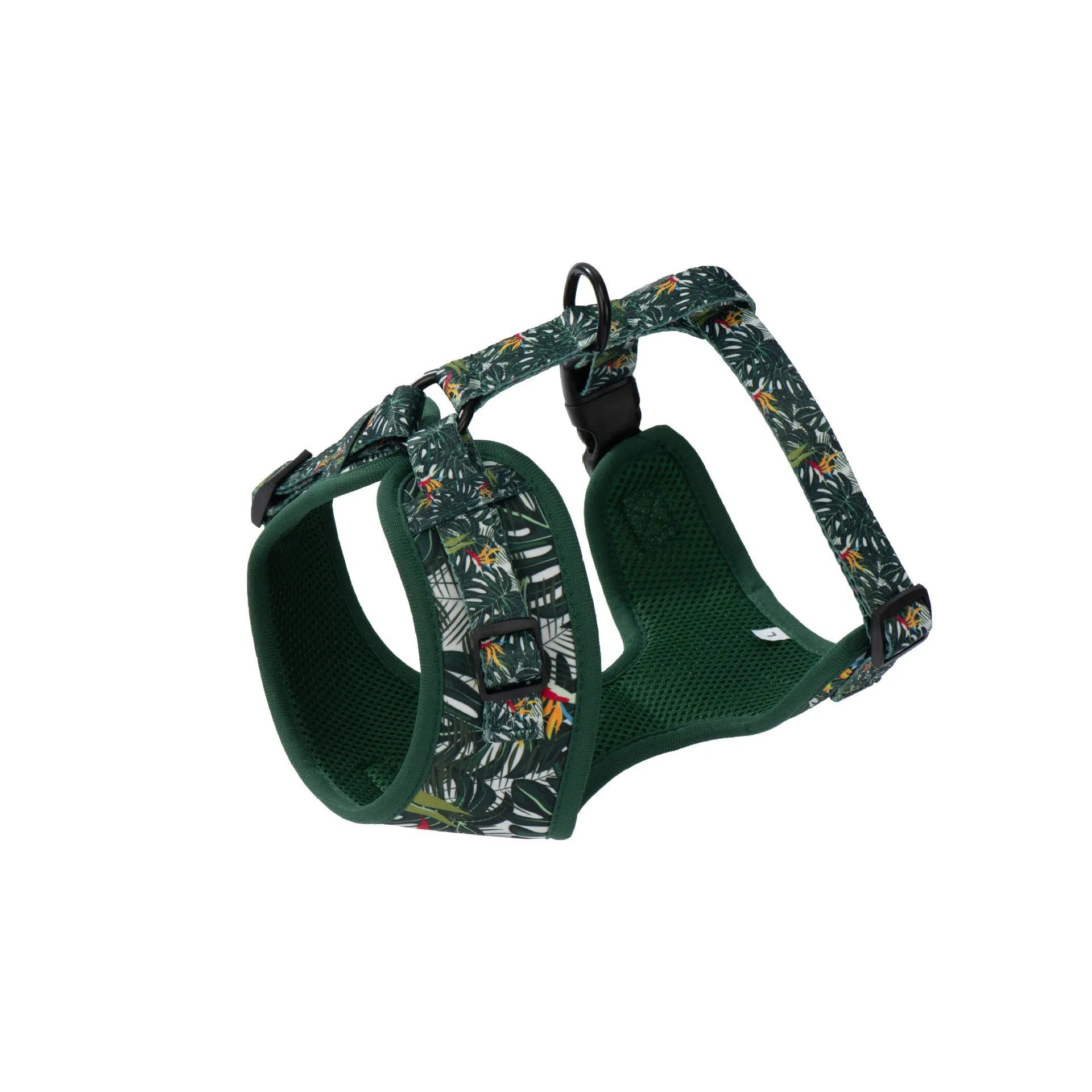 Six-piece adjustable cloth dog harness set with leash, collar, bow, towel, and clean-up bag in S, M, L sizes.