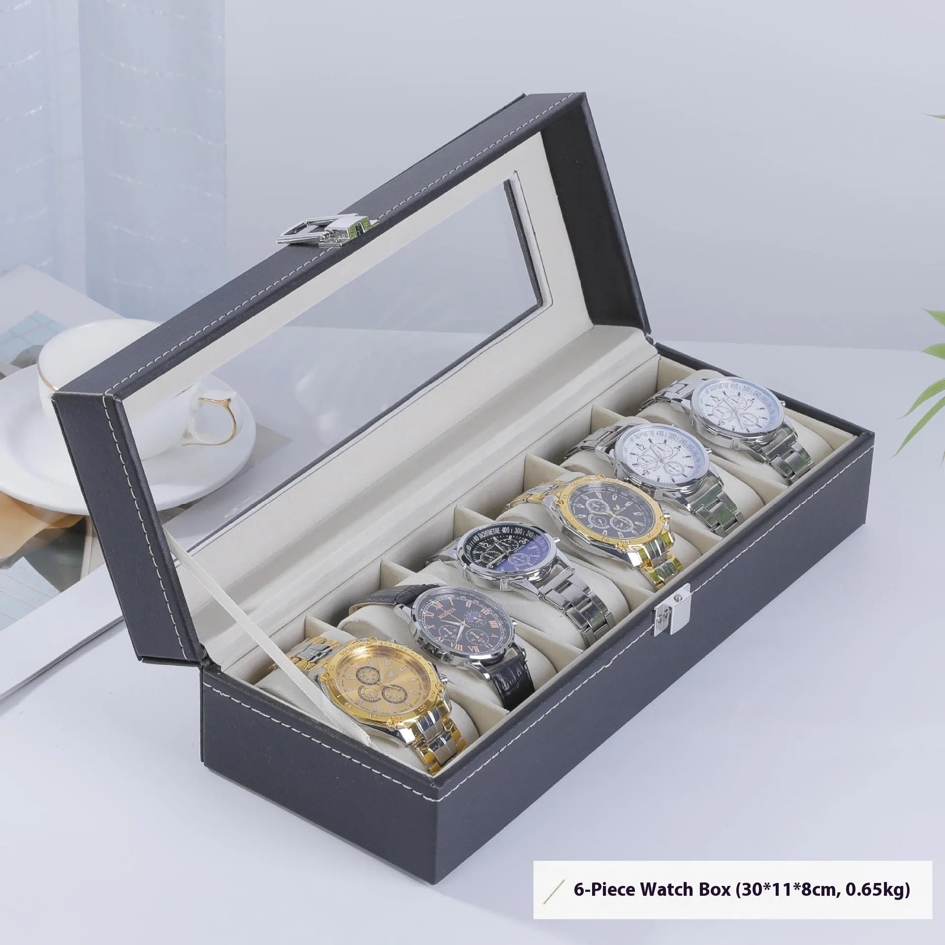 Grey high-grade leather watch storage box with a dustproof transparent lid, shown in a multi-capacity display.