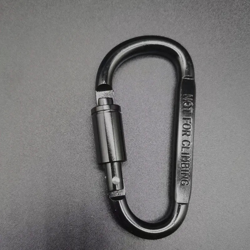 A D-type aluminium locking carabiner with an 8cm flat profile on a neutral background.