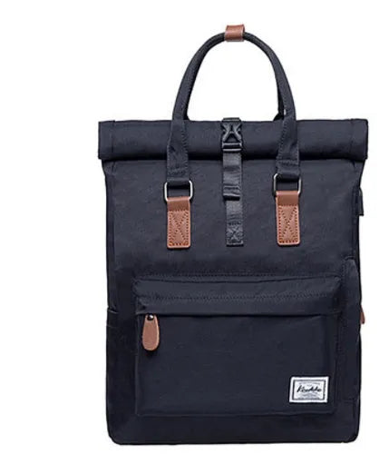Casual polyester backpack with cover flap open, showing internal laptop pocket and zipper pocket.