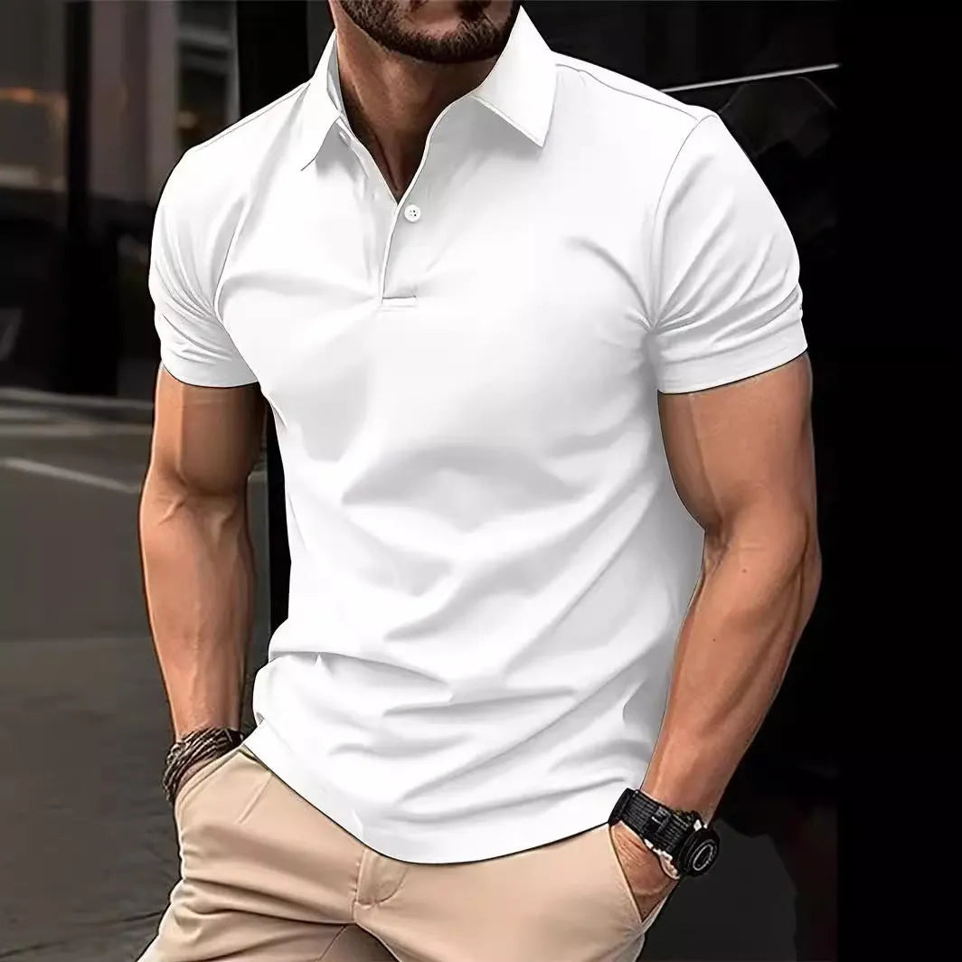 Men's slim-fit cotton-blend short-sleeve button-up shirt in solid colours on a size chart background.