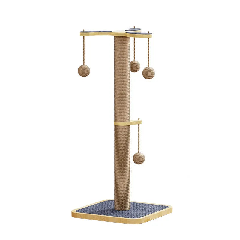Windmill-shaped cat climbing frame with a hanging ball toy, made from pine wood and carpet leather.