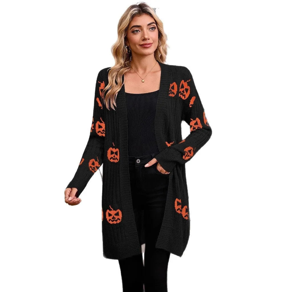 Women's black Halloween cardigan with orange Jacquard pumpkin head pattern on the front.