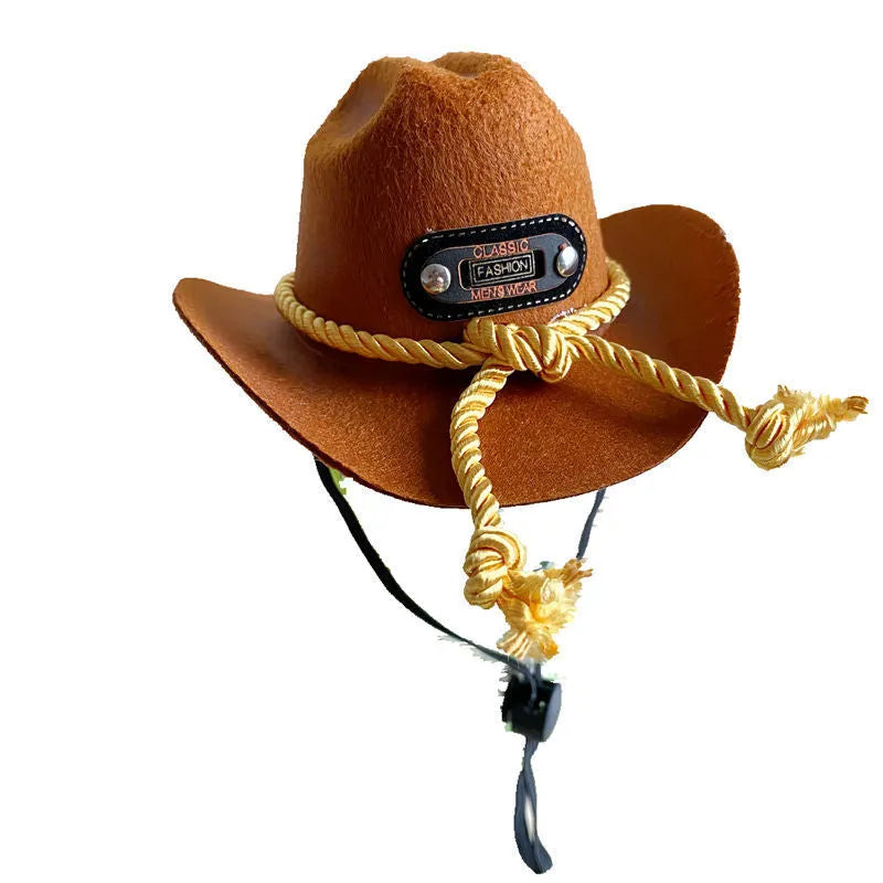 XINGX British cowboy hat for cats in non-woven fabric with decorative ribbon trim.