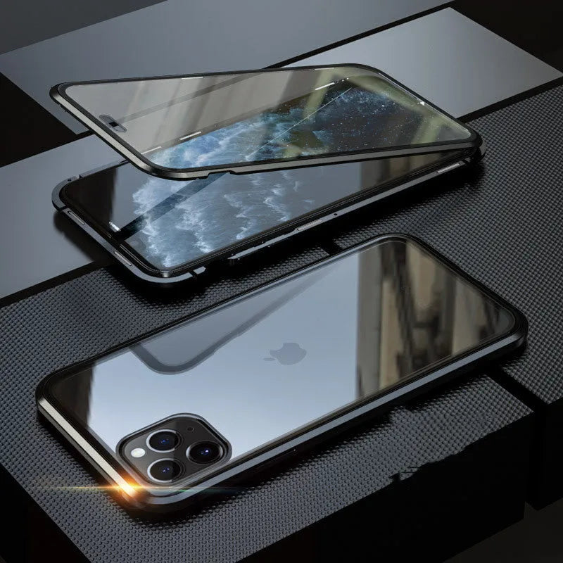 Anti-spy glass clamshell phone case in geometric design for iPhone, shown in multiple colour options