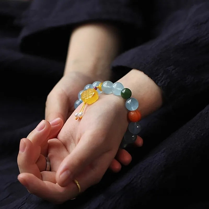 10mm round aquamarine bead bracelet unisex simple cartoon style jewellery