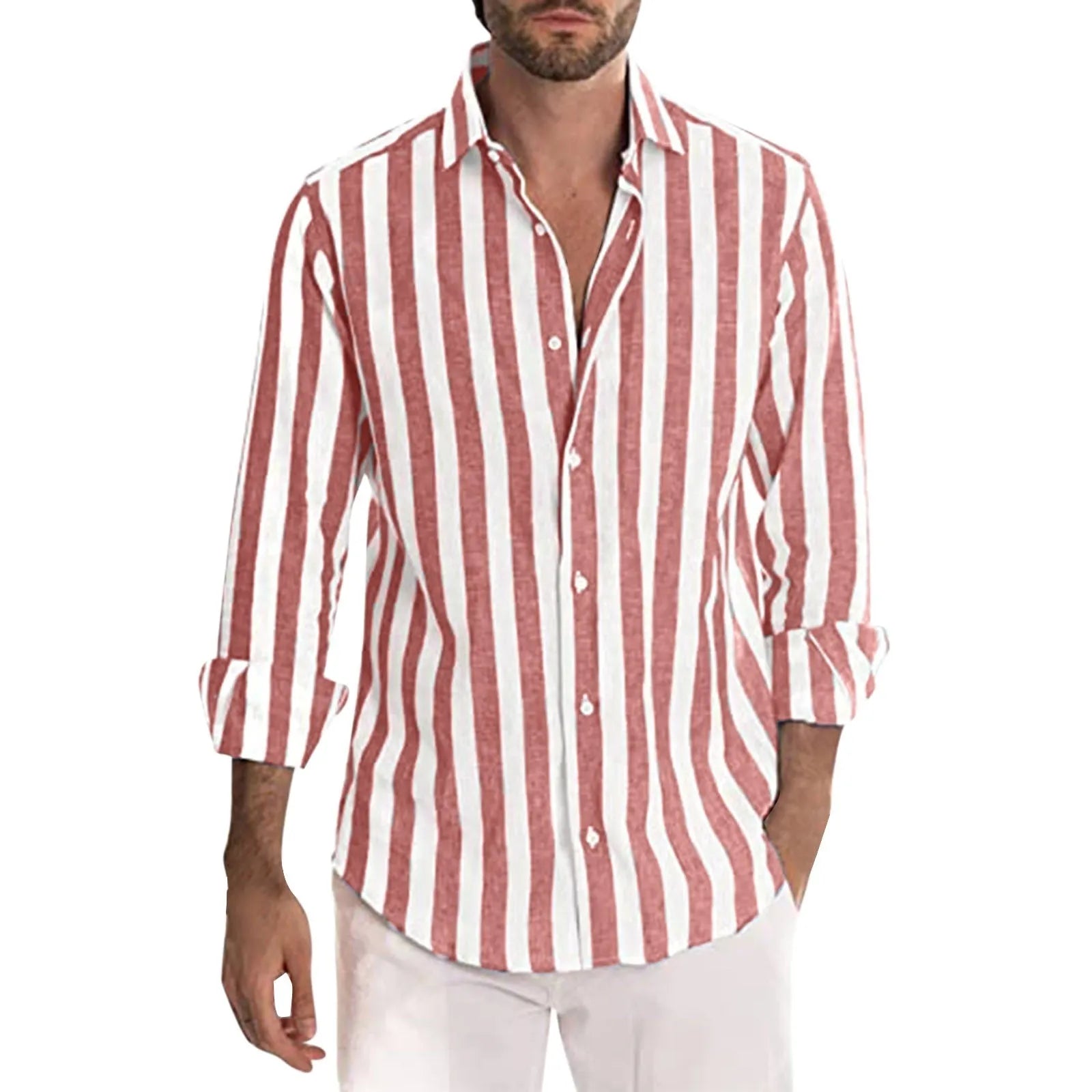Man wearing a grey and white striped loose-fit long-sleeved casual shirt
