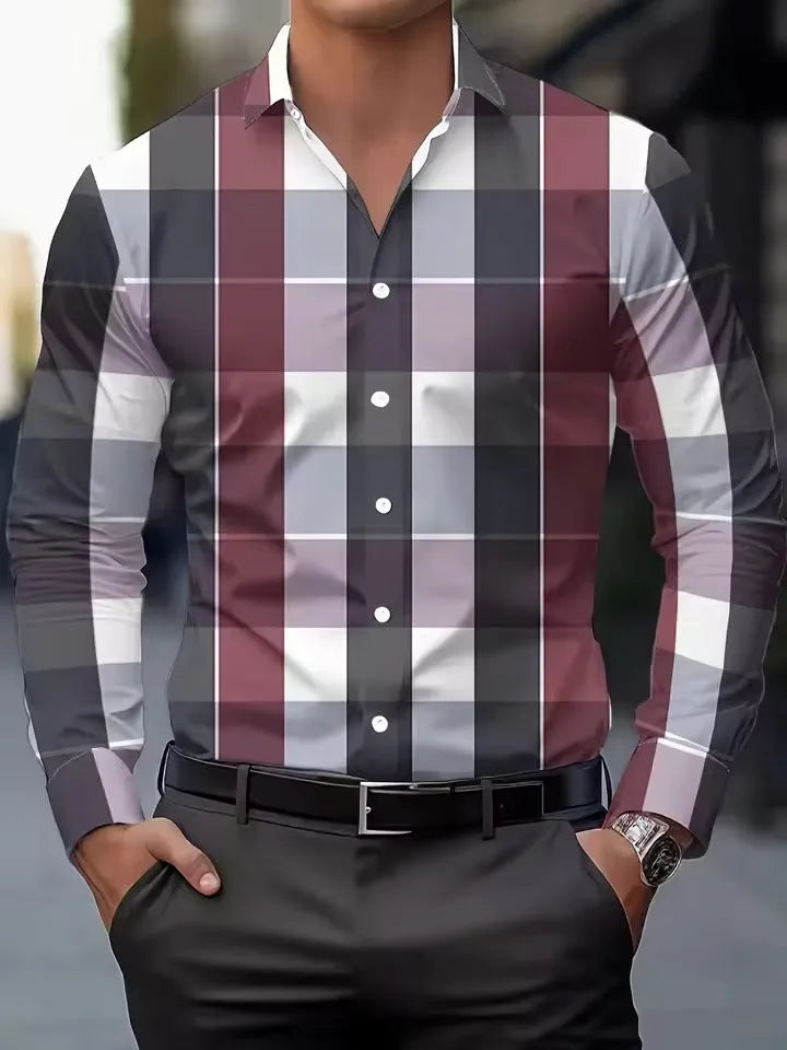Men's black and blue striped long sleeve shirt with a button lapel collar on a hanger.