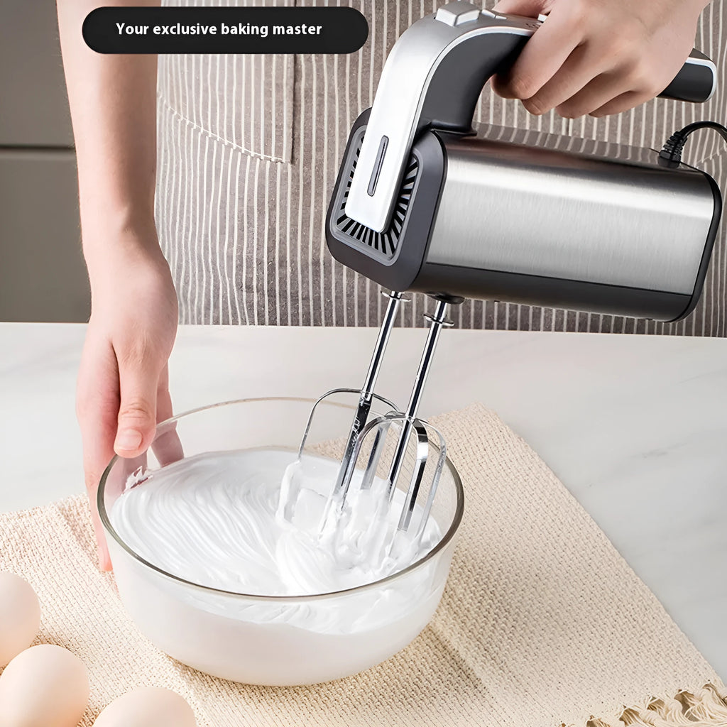 Silver household electric whisk with five speed settings and handheld operation