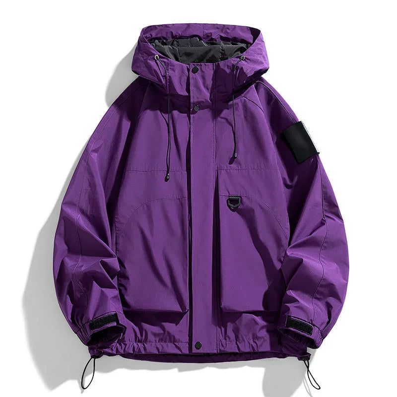 Men's black waterproof windproof hooded jacket with long sleeves
