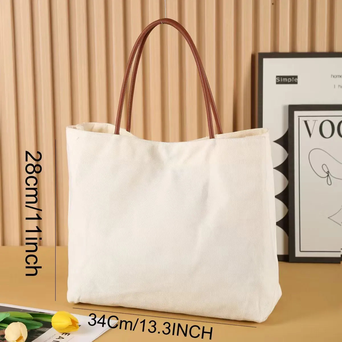 Beige White or White canvas tote bag with durable handles and a spacious main compartment