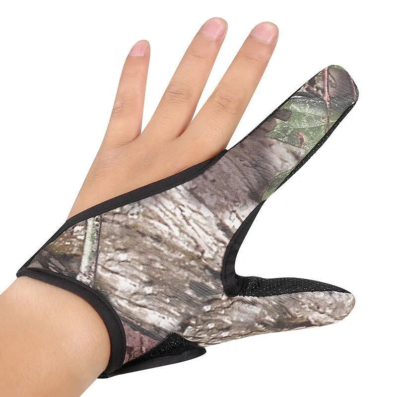 A single two-finger fishing glove with a dark microfiber palm and a camouflage diving cloth back.