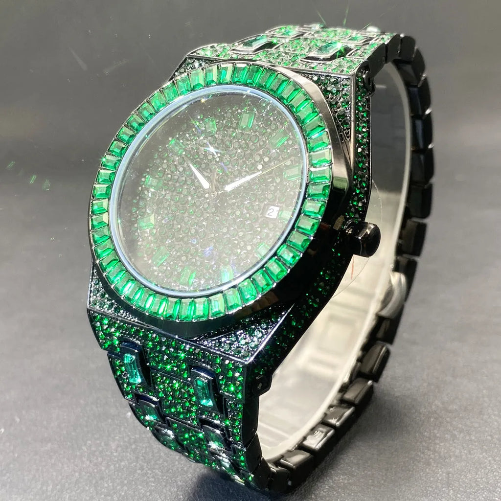 Hip hop men's green full rhinestone quartz watch with alloy case and 13mm thickness