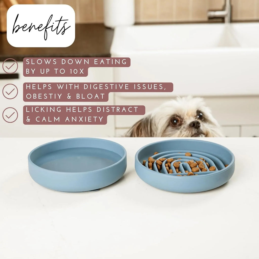 Silicone slow feeder dog bowl with ridges, shown in beige colour, 19cm diameter