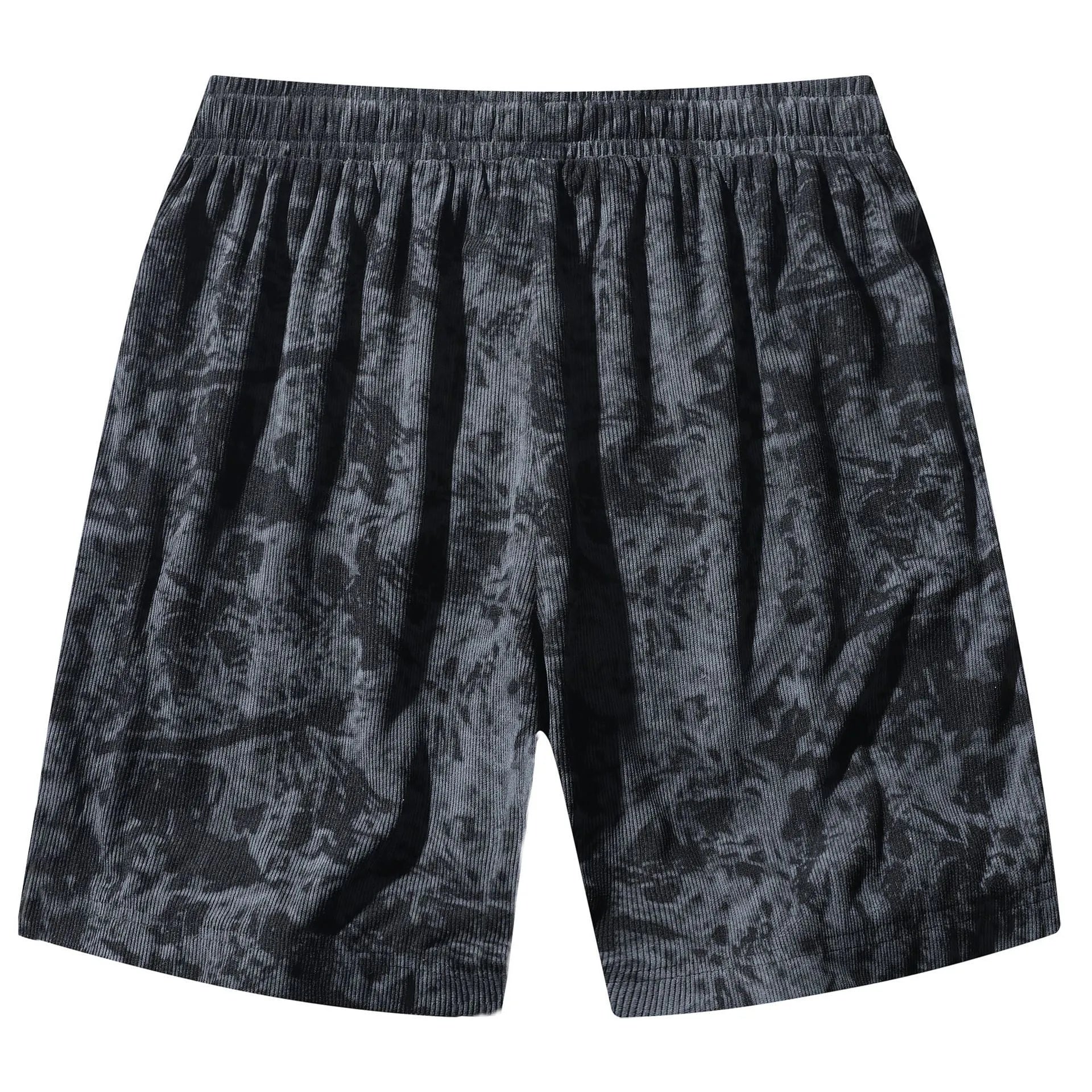 Men's camouflage patterned corduroy athletic shorts with straight leg cut and high waist