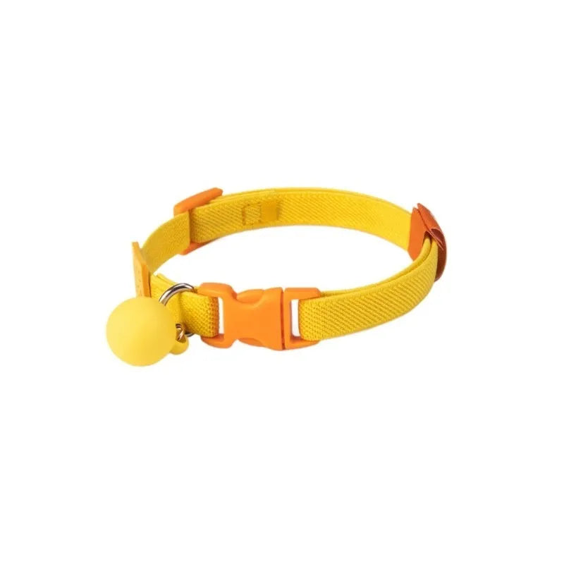 Small dog elastic polyester pet collar in seven colour options showing yellow, pink, and blue examples