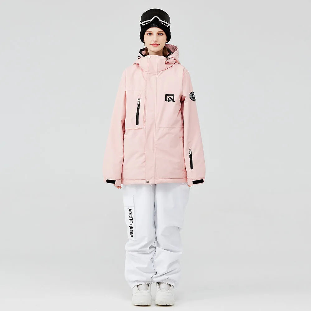 Men's and women's waterproof winter ski suit in blue top with grey blue trousers.