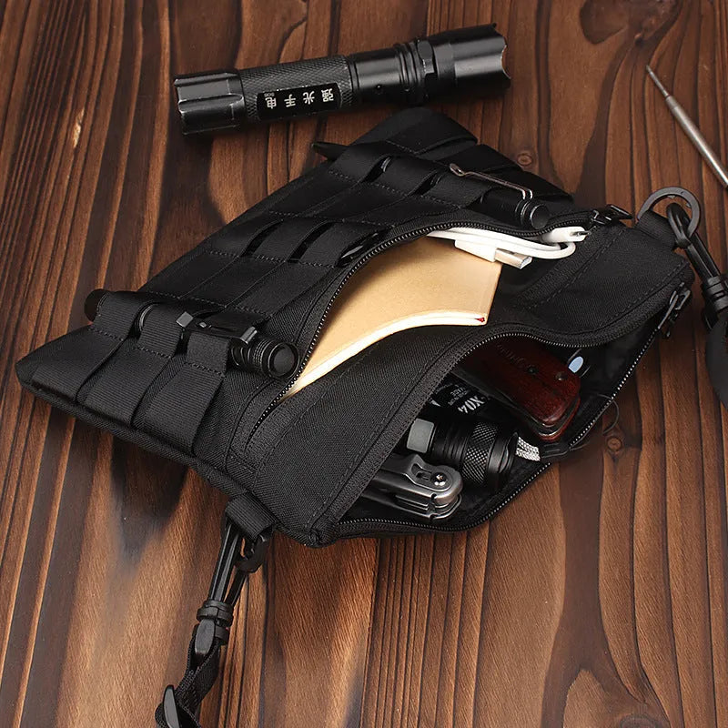 Black Oxford cloth outdoor belt bag with compact 18cm by 3.5cm dimensions for tactical and sports use