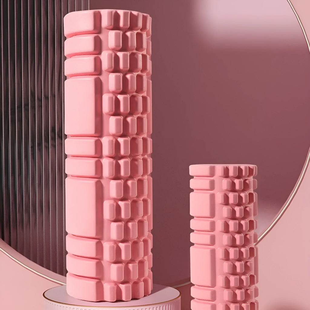 EVA foam roller for fitness in black, grey, pink, sky blue, or light purple, showing size options.