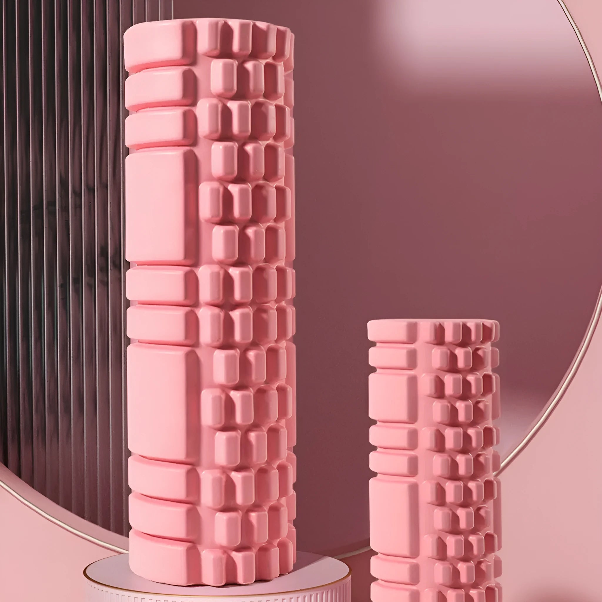 EVA foam roller for fitness in black, grey, pink, sky blue, or light purple, showing size options.
