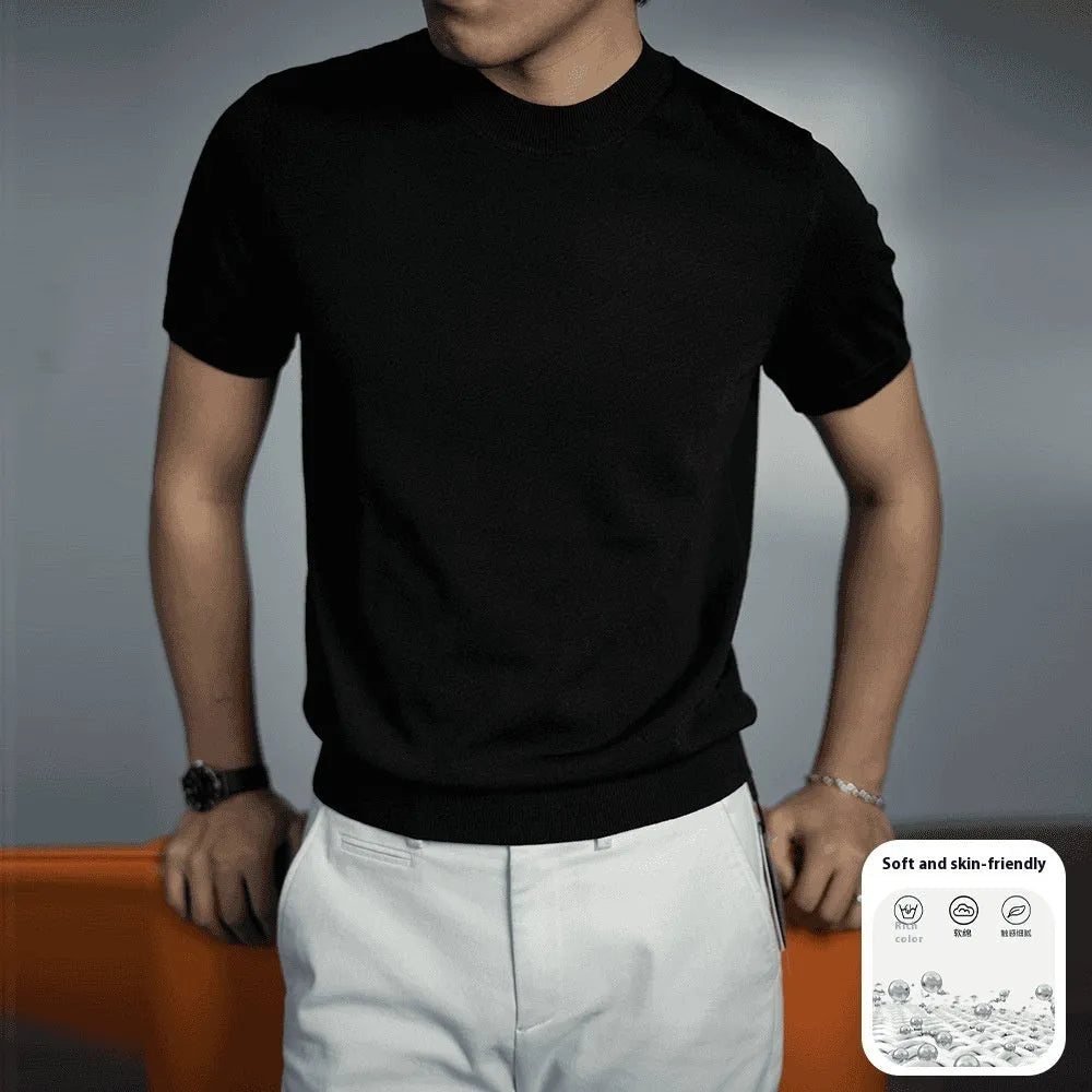 Men's knitted t-shirt in chemical fibre blend with round neck and short sleeves in solid colour options