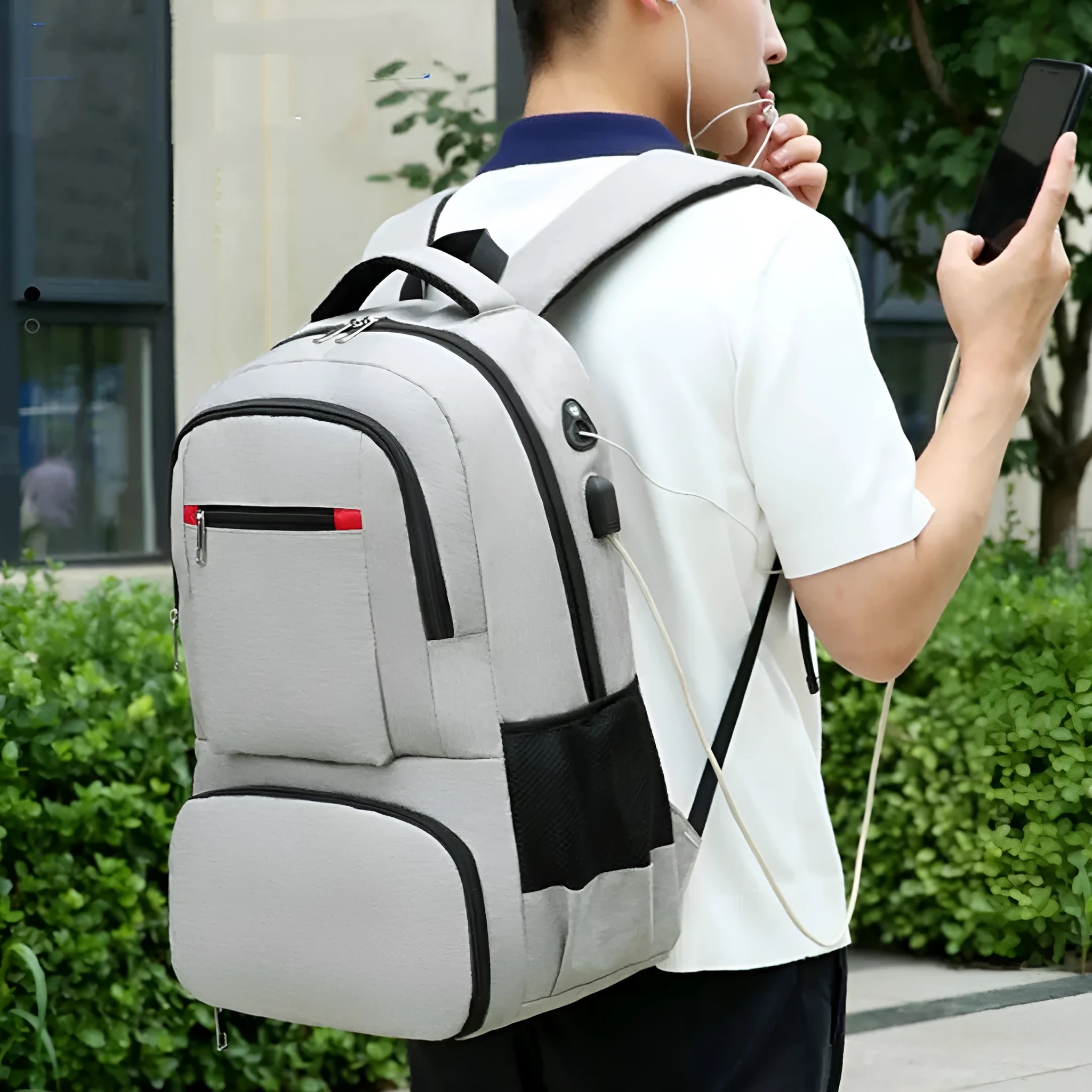 Oxford cloth backpack in light grey with pull rod belt accessory and curved shoulder straps