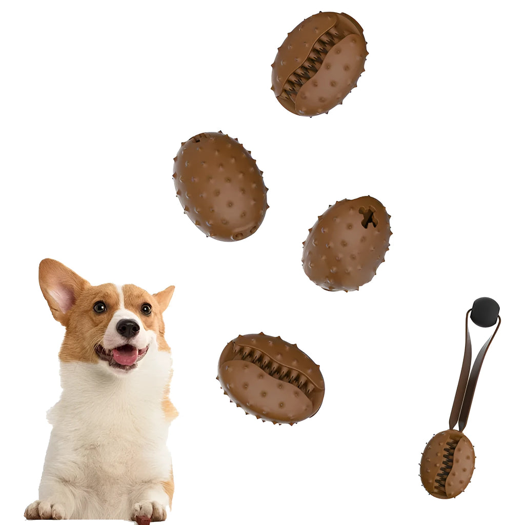 Coffee TPR dog toy ball with rope knot and leak compartment on white background