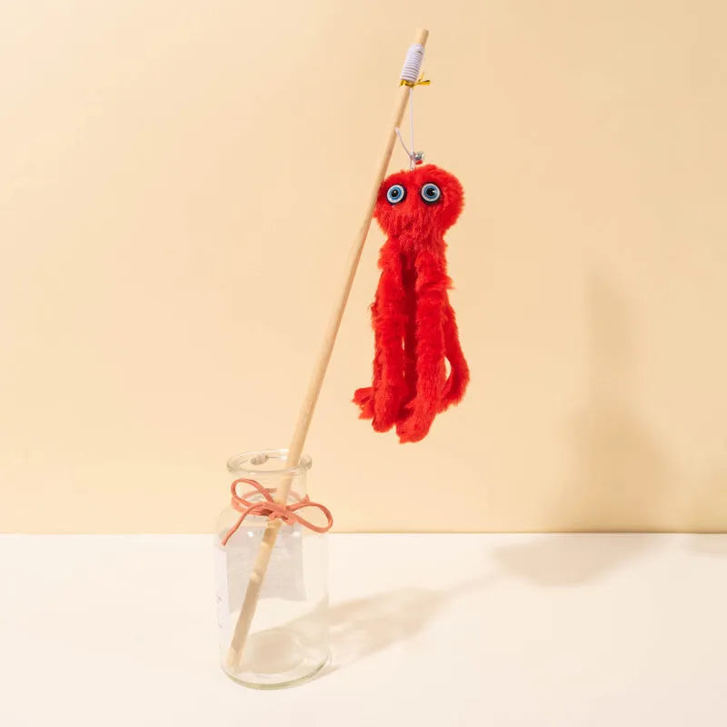 Octopus-themed cat toy on a long stick with bright colours, for interactive indoor play with kittens.