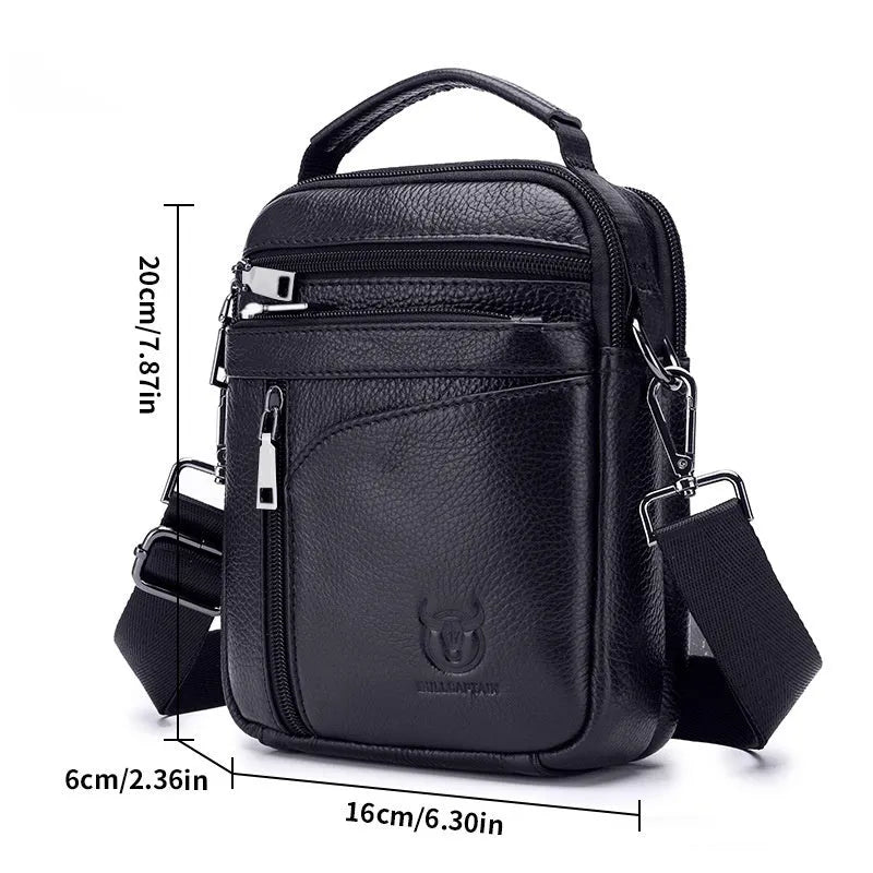 Black genuine leather men's shoulder messenger bag with retro styling on solid background