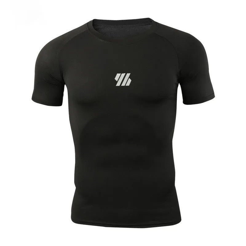 Men's quick-dry compression sportswear top in solid colour polyester, front view