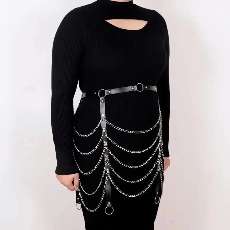 Black PU leather adjustable waist chain with decorative pendant, showing buckle closure detail