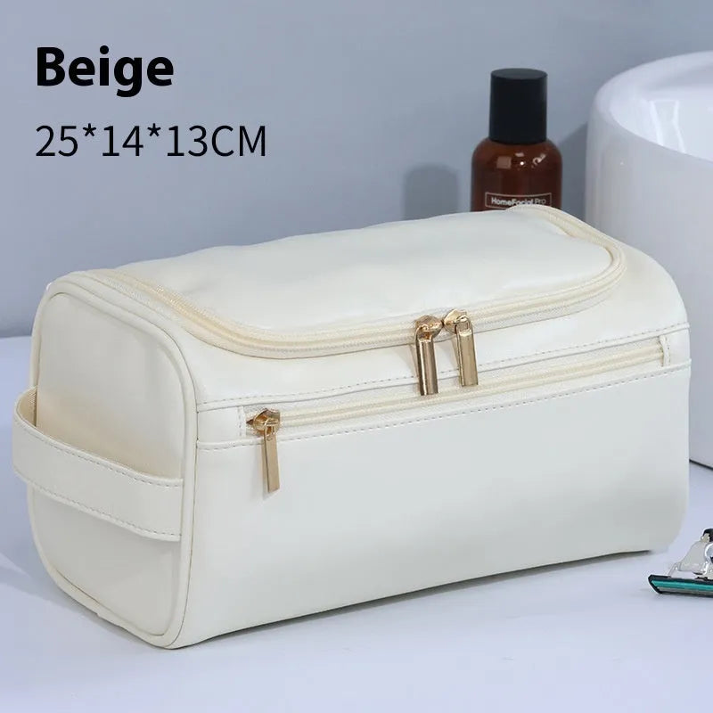 Waterproof cosmetic storage bag in brown PU leather with large capacity interior
