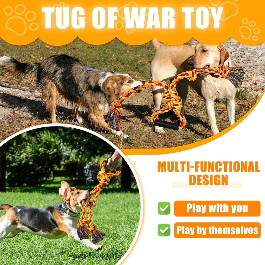 Blue and yellow woven cotton rope dog tug toy with a textured handle for large breed dogs.