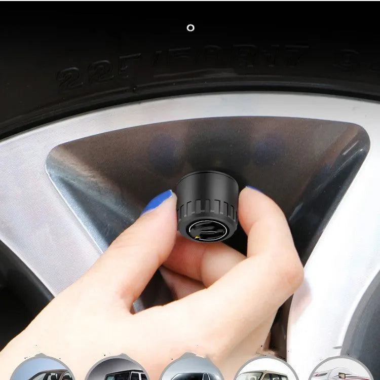 Black Bluetooth 5.0 tyre pressure monitoring kit with four external sensors, wrench, and anti-theft screws