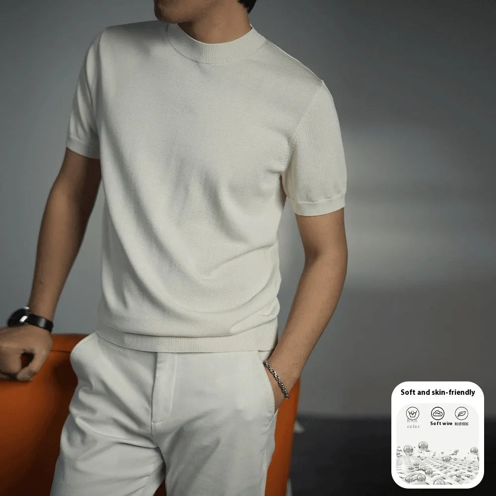 Men's knitted t-shirt in chemical fibre blend with round neck and short sleeves in solid colour options