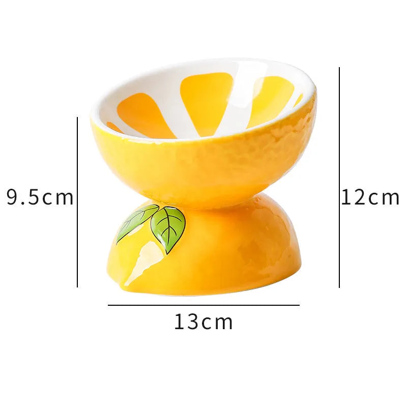 Ceramic raised cat feeder bowl in orange patterned design on a white surface.