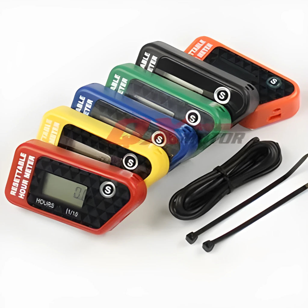 Black waterproof LCD digital maintenance timer for ATV motorcycle motorboat and generator service scheduling.