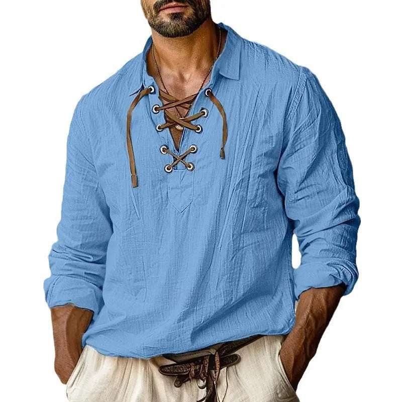 Men's plus size linen blend shirt in solid colour with loose fit long sleeves