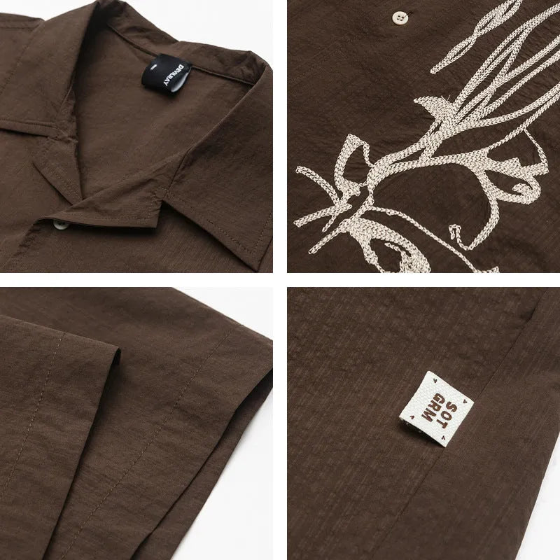 Brown striped outdoor waterproof shirt with Cuban collar and short sleeves for mountain camping
