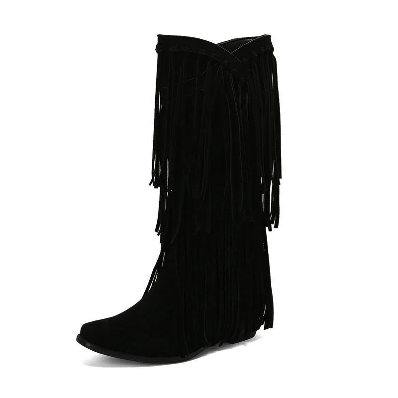 Women's suede knee-high boots with a chunky heel, square toe, and waterproof platform in multiple colours.