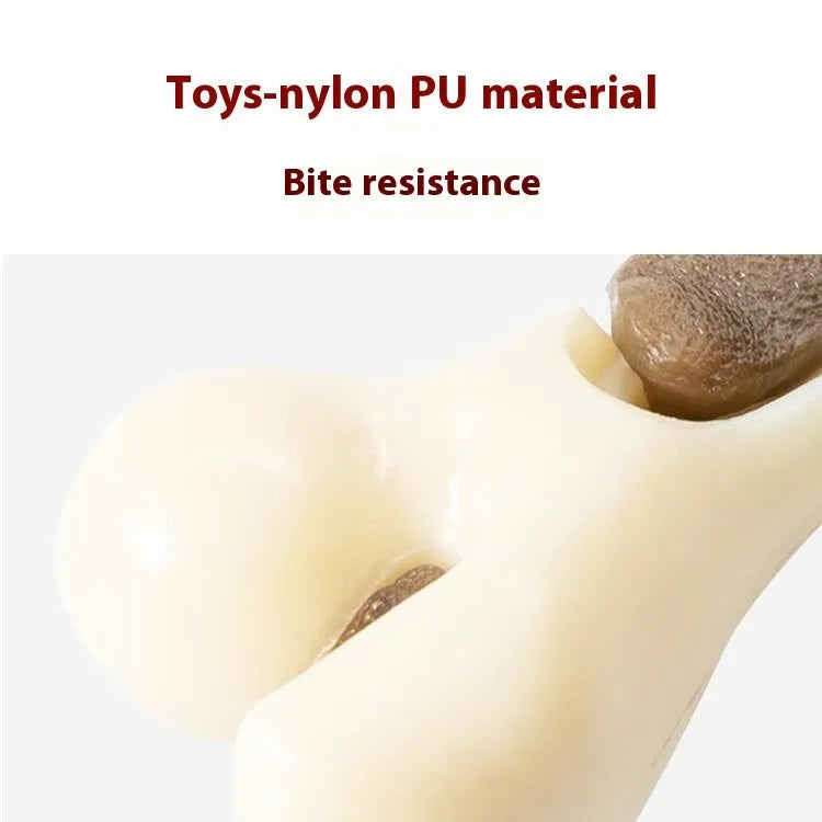 Eating and Playing Series bone-shaped dog chew toy in two sizes, made from brown cowhide and nylon.